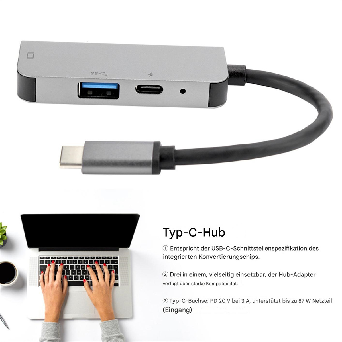Ein silberner USB-C-Hub mit Anschlüssen und einem schwarzen Kabel. Darunter ein Laptop mit tippenden Händen.