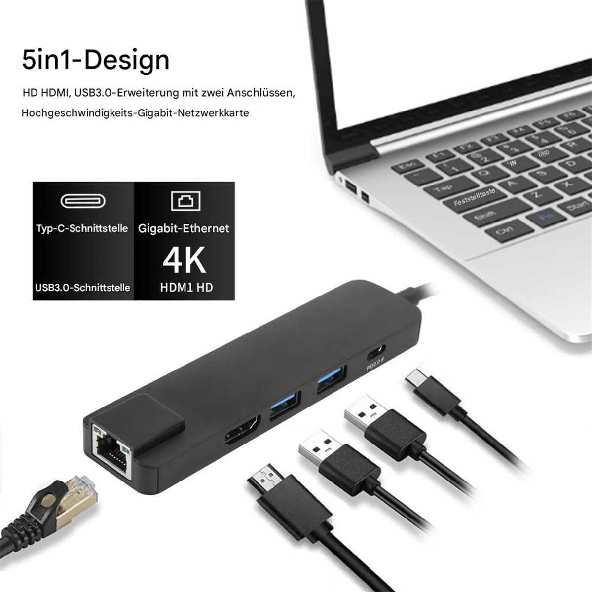 Ein 5-in-1 USB-C-Adapter wird an einen Laptop angeschlossen. Er hat USB-, HDMI- und Ethernet-Anschlüsse.
