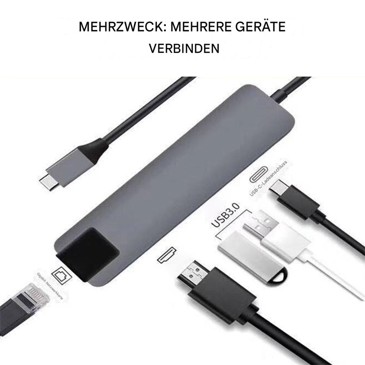 Grauer Multiport-Adapter mit Kabeln und Anschlüssen. Text überlagert: 'Mehrere Geräte verbinden'.