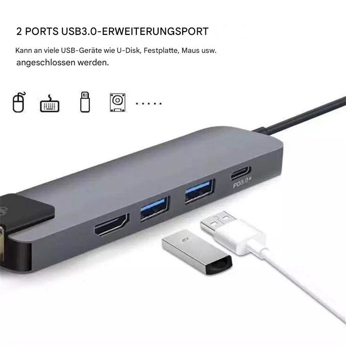 Grauer USB-Hub mit mehreren Anschlüssen, USB-Laufwerk und weißem USB-Kabel. Text in Deutsch.