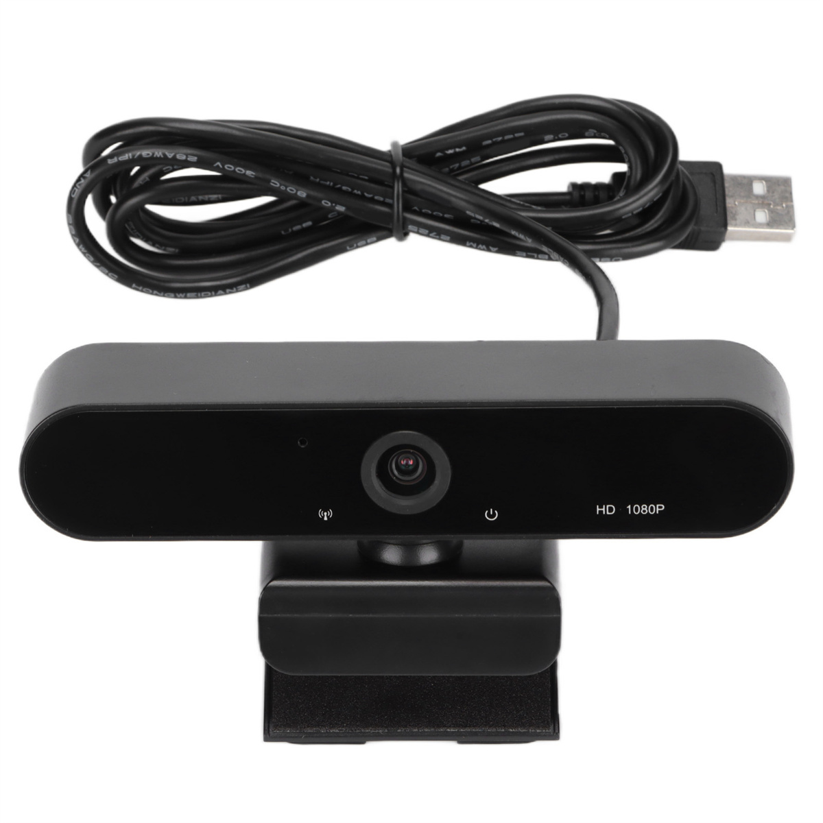 Schwarze Webcam mit USB-Kabel und Strom- und Aktivitätsanzeigen.