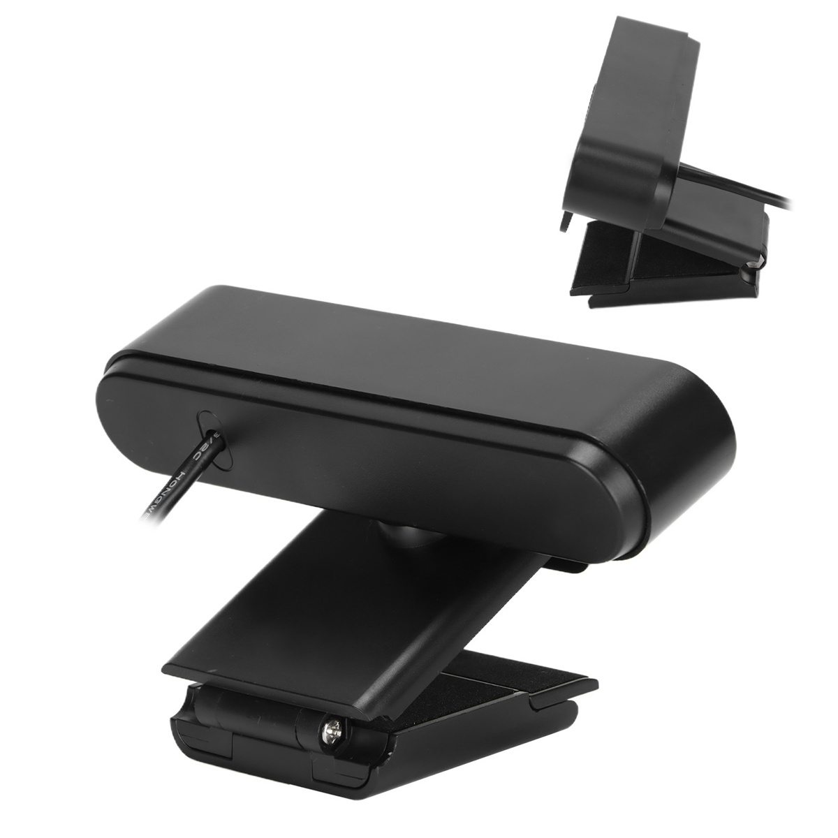 Schwarze Webcam mit Clip, zwei Ansichten, isoliert auf Weiß. Für Videoanrufe usw.