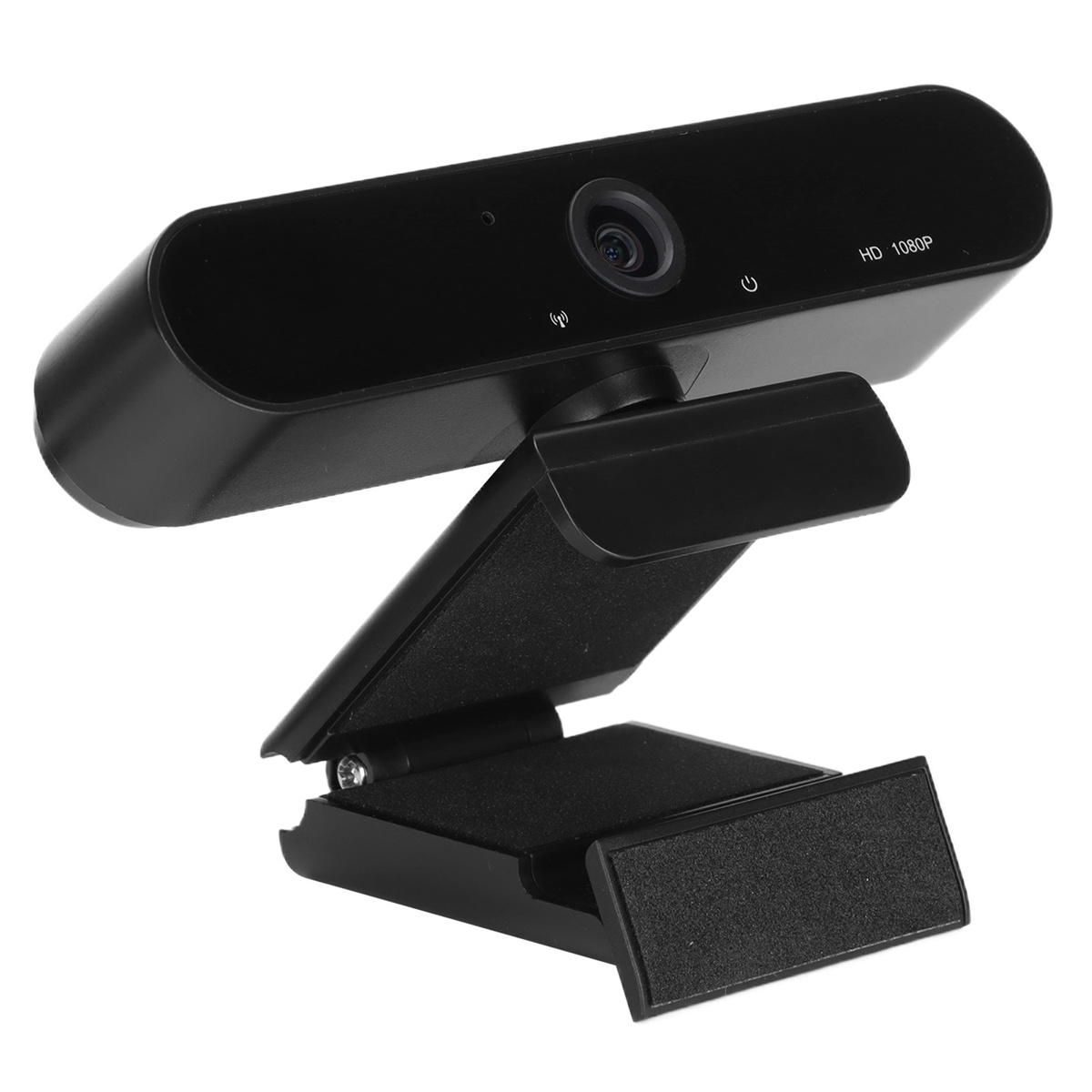Eine schwarze Webcam auf einem Ständer, nach oben angewinkelt. Sie ist dem Betrachter zugewandt.
