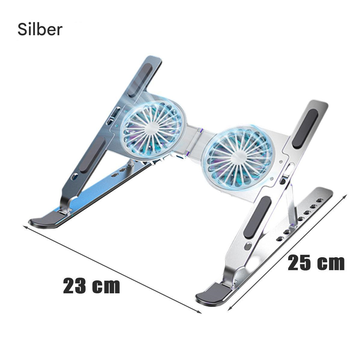 Silberner Laptop-Ständer mit zwei Lüftern. Abmessungen sind 23 cm und 25 cm.