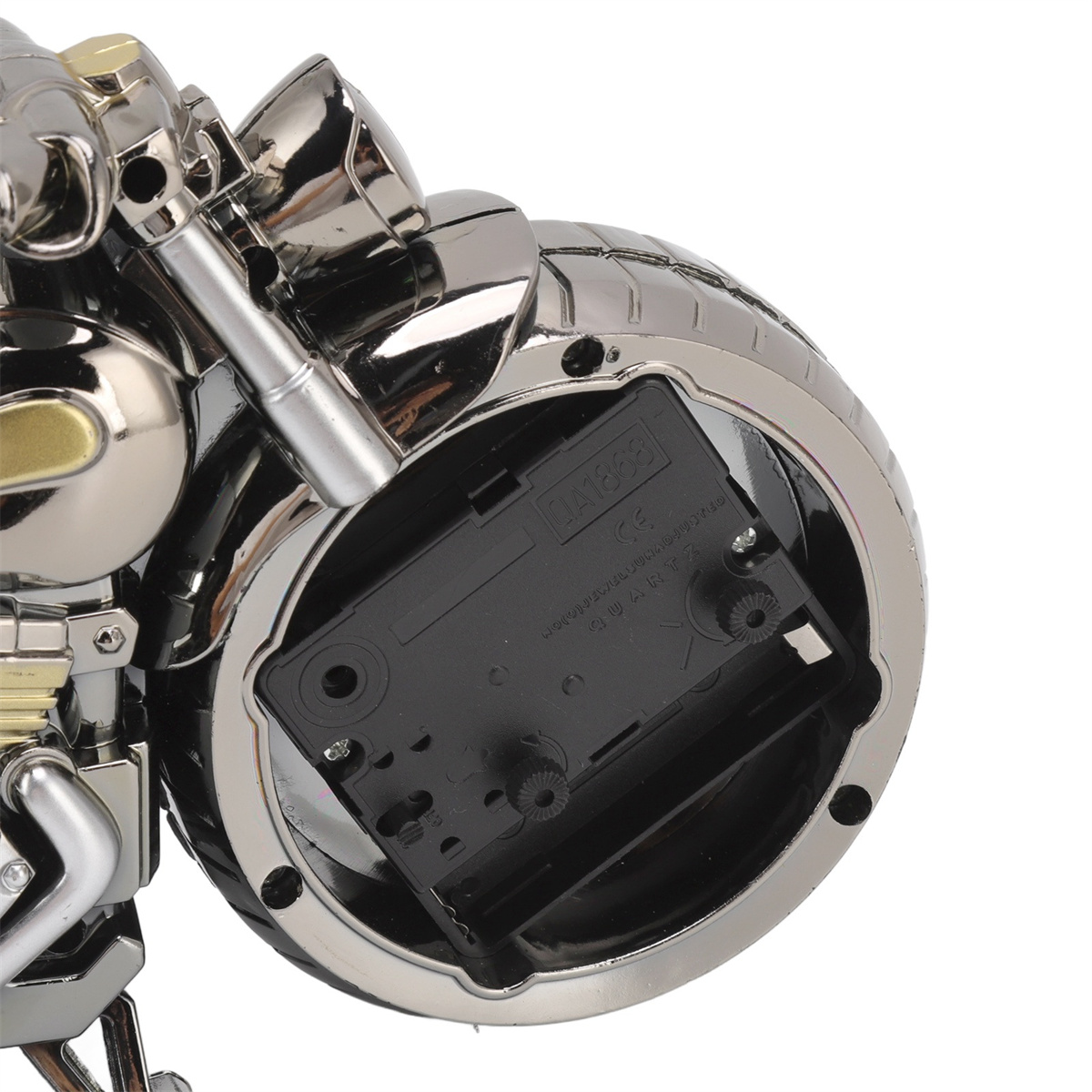 Motorrad-Uhr mit Chrom-Finish. Enthält ein schwarzes Zifferblatt und Batteriefach.