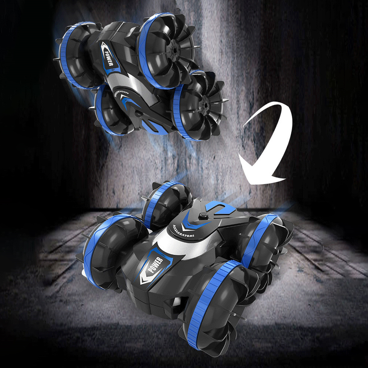 Zwei schwarz-blaue Spielzeugautos, eins über dem anderen, mit einem Pfeil, der die Bewegung anzeigt.