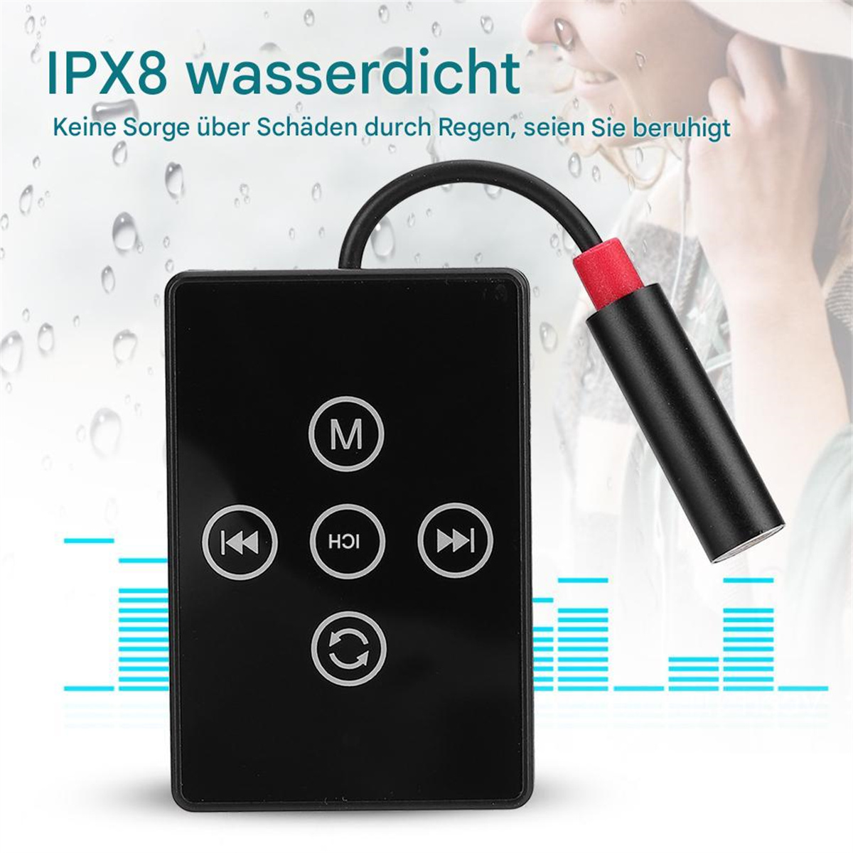 Ein schwarzes Gerät mit Knöpfen und einem rot-schwarzen Kabel. Der Text 'IPX8 wasserdicht' ist sichtbar.