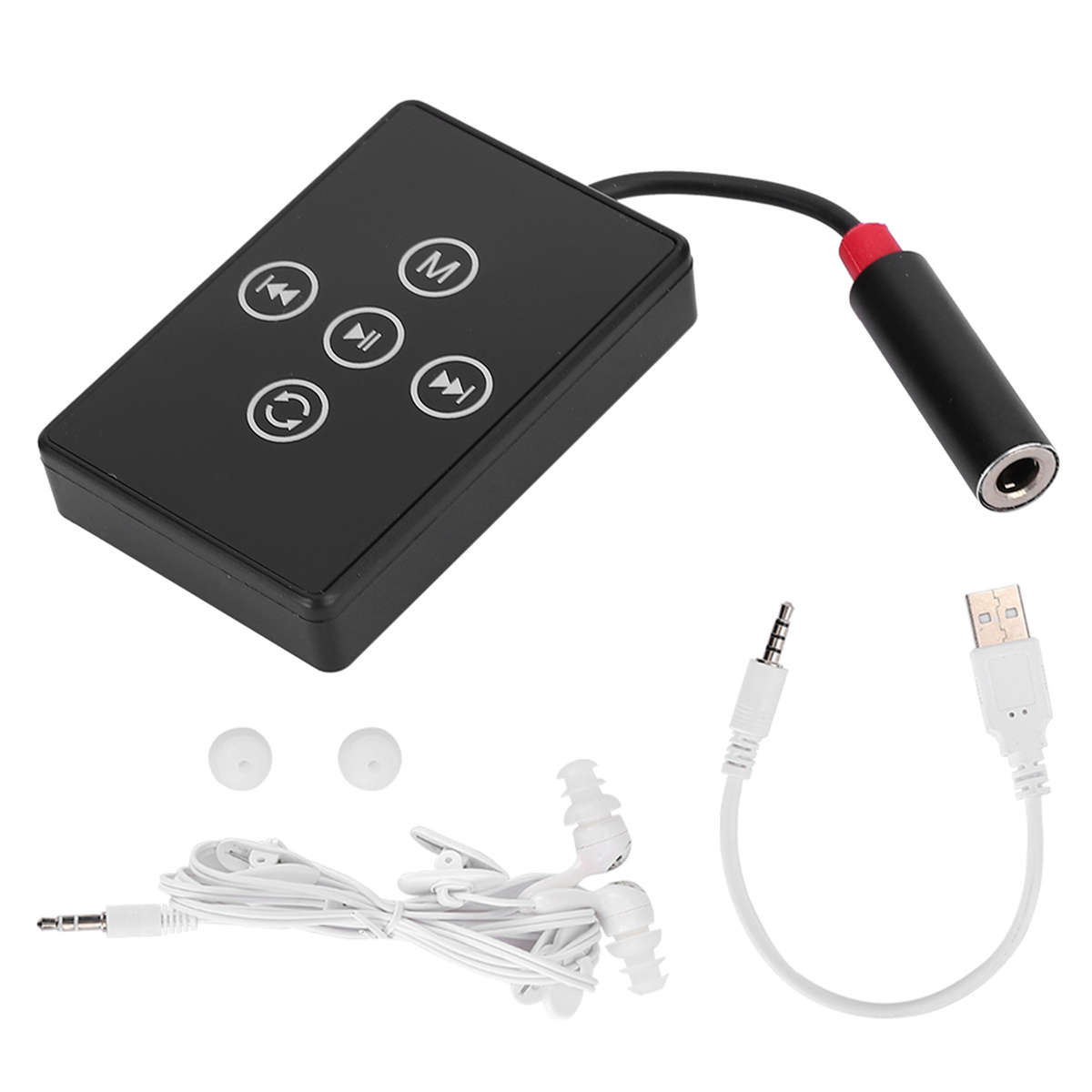Schwarzer Audioempfänger mit Knöpfen und Ohrhörer-Zubehör. Weißes Kabel und USB-Adapter.