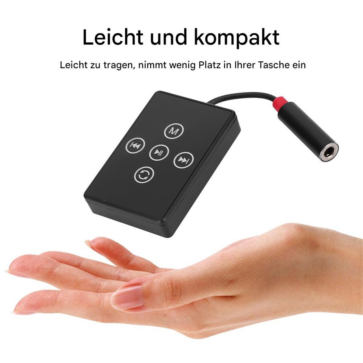 Eine schwarze Medienfernbedienung mit Wiedergabe- und Überspringen-Tasten.