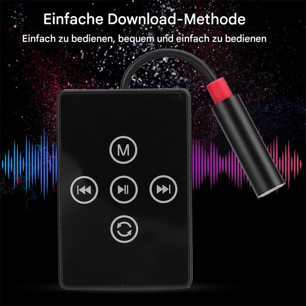 Schwarzes Audiogerät mit Knöpfen und schwarzem Kabel mit rotem Stecker.