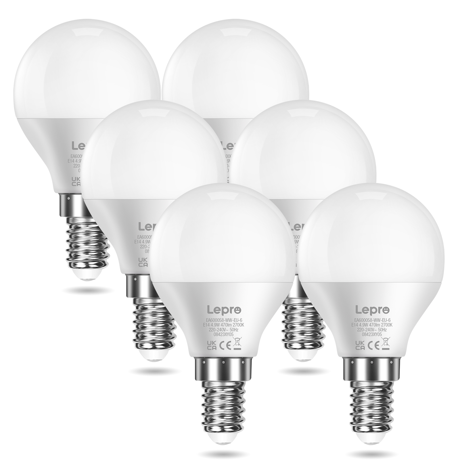 Sei lampadine bianche con basi argentate. Sono disposte vicine.