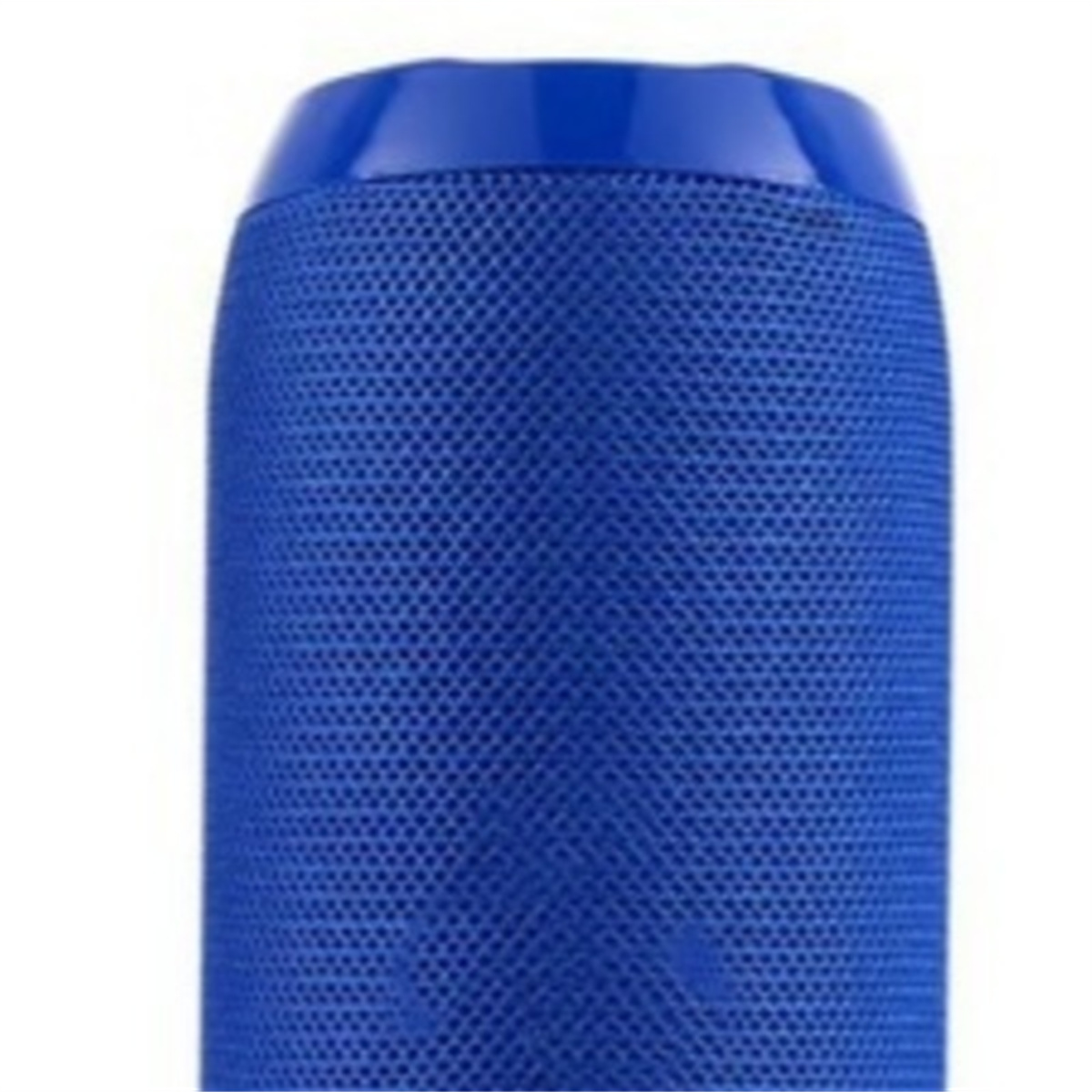 Blauer Lautsprecher mit Mesh-Design. Der Lautsprecher ist zylindrisch und hat eine glatte Oberseite.