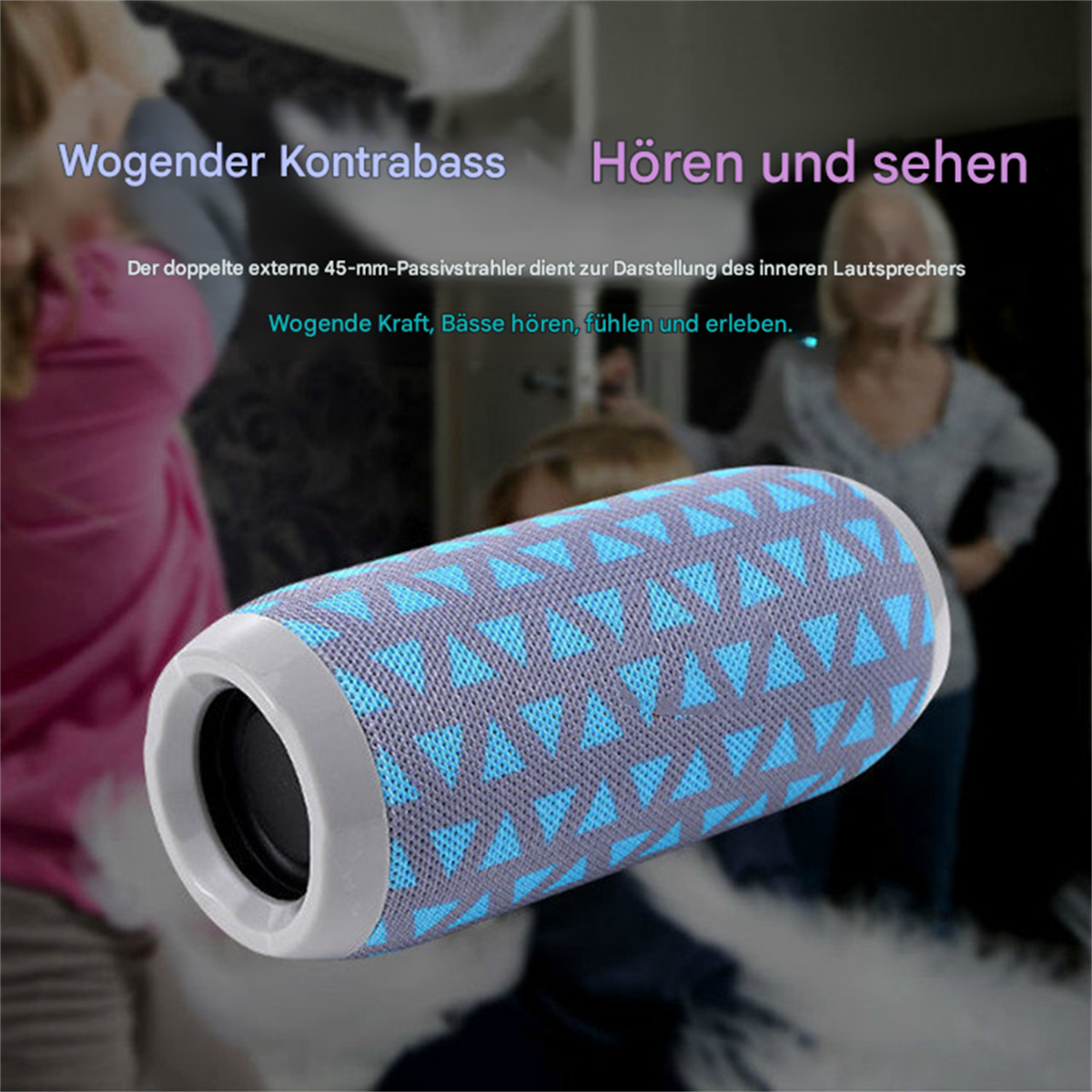 Ein blau-grauer Lautsprecher mit Dreiecksmuster, Nahaufnahme, mit Text über Klangqualität.