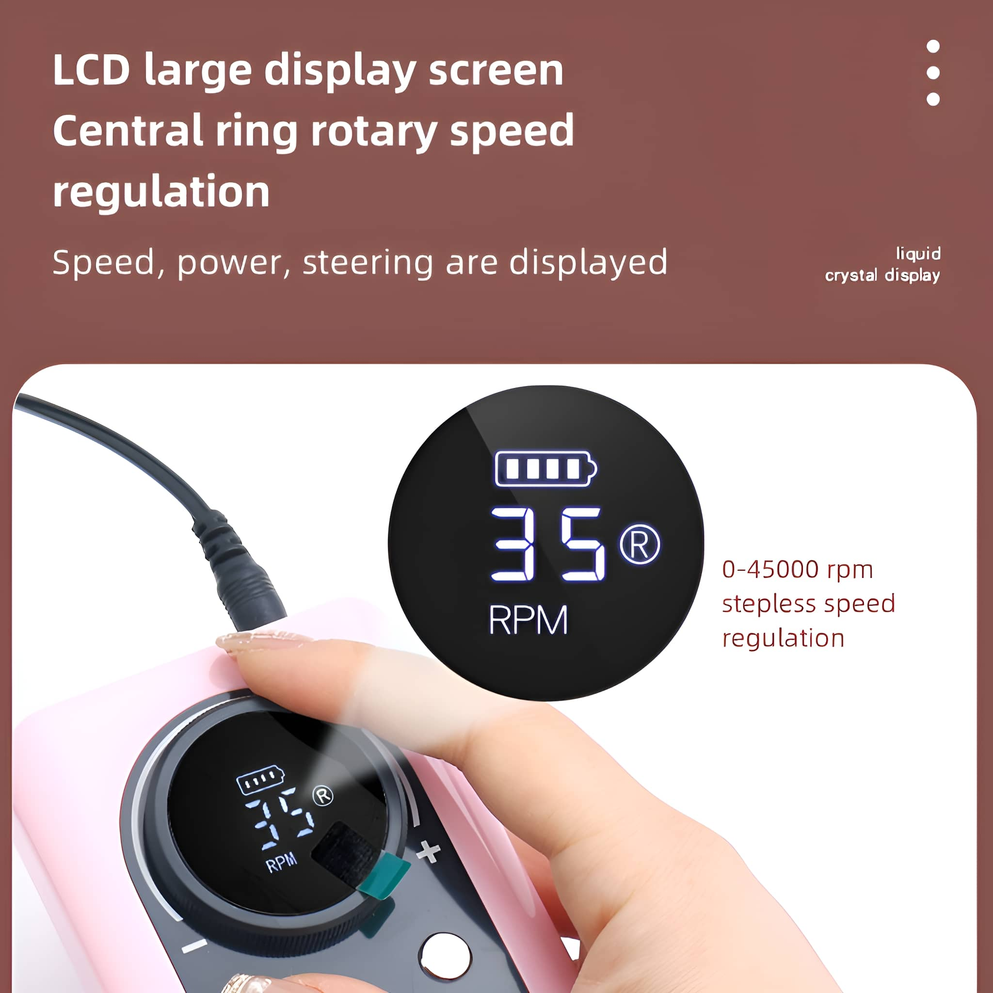 Eine Hand hält ein rosa Gerät mit einem Display, das 35 U/min anzeigt. Es gibt einen Drehzahlregler.