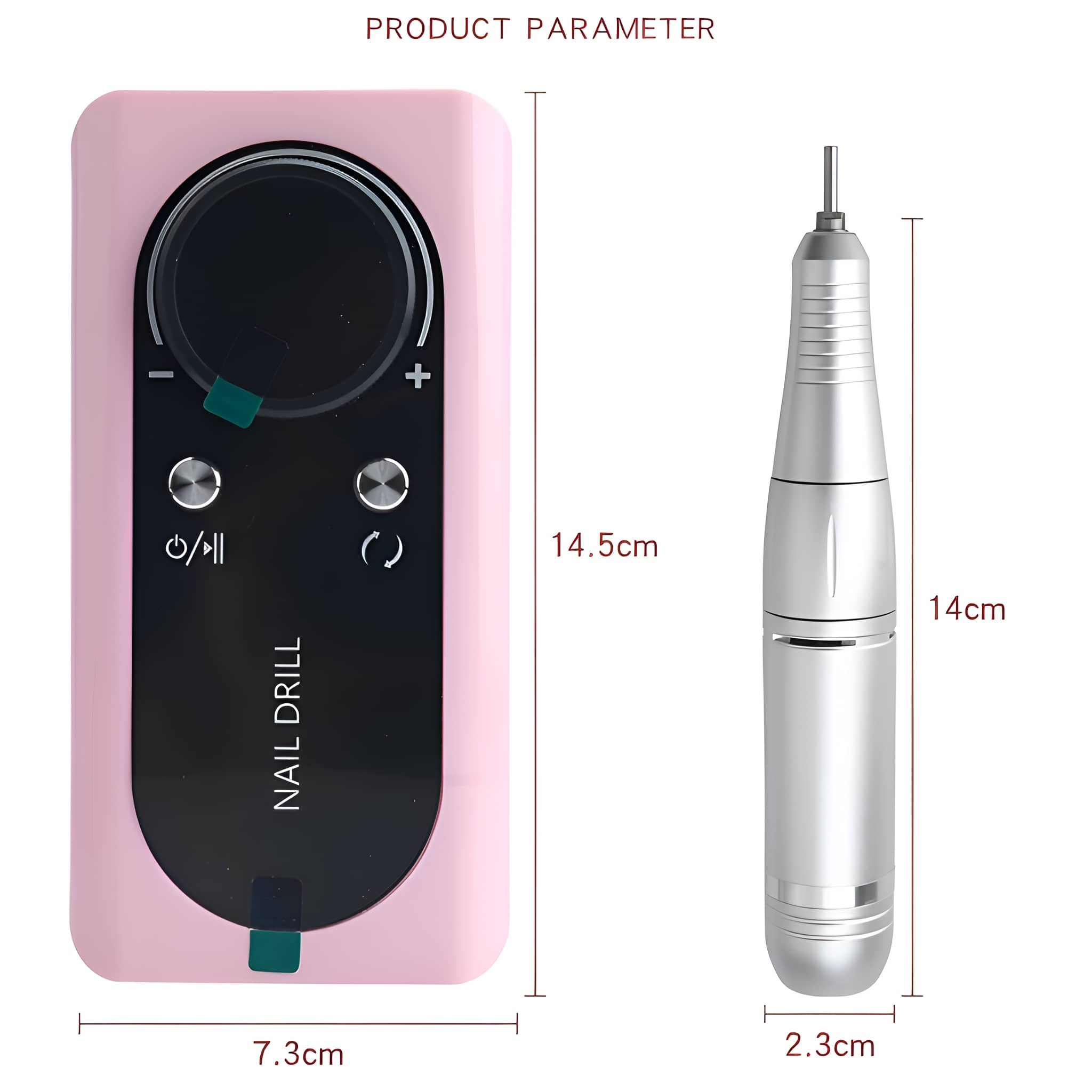 Pinker Nagelbohrer mit schwarzem Bildschirm und Drehregler. Der Bohrer ist silber und lang.