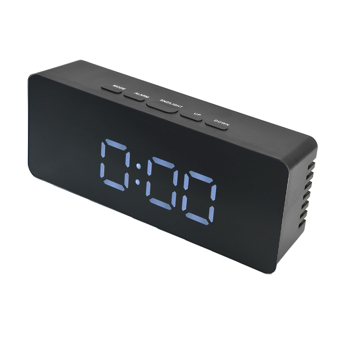 Schwarzer digitaler Wecker mit blau leuchtender Anzeige, die 0:00 zeigt, und mehreren Tasten.