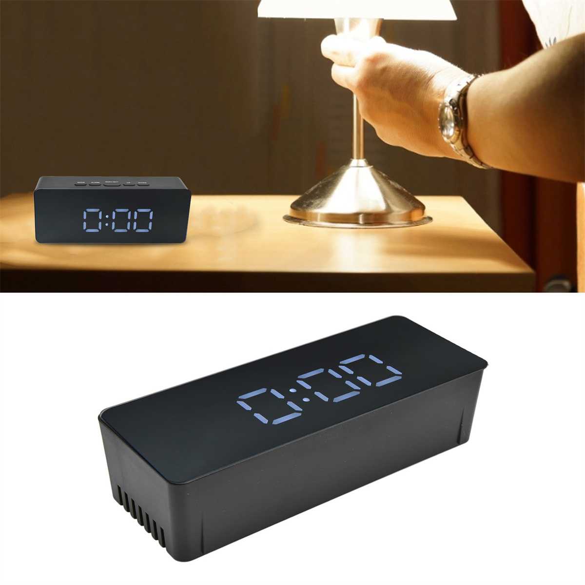Zwei Bilder einer schwarzen Digitaluhr. Eines auf einem Tisch, das andere nah.