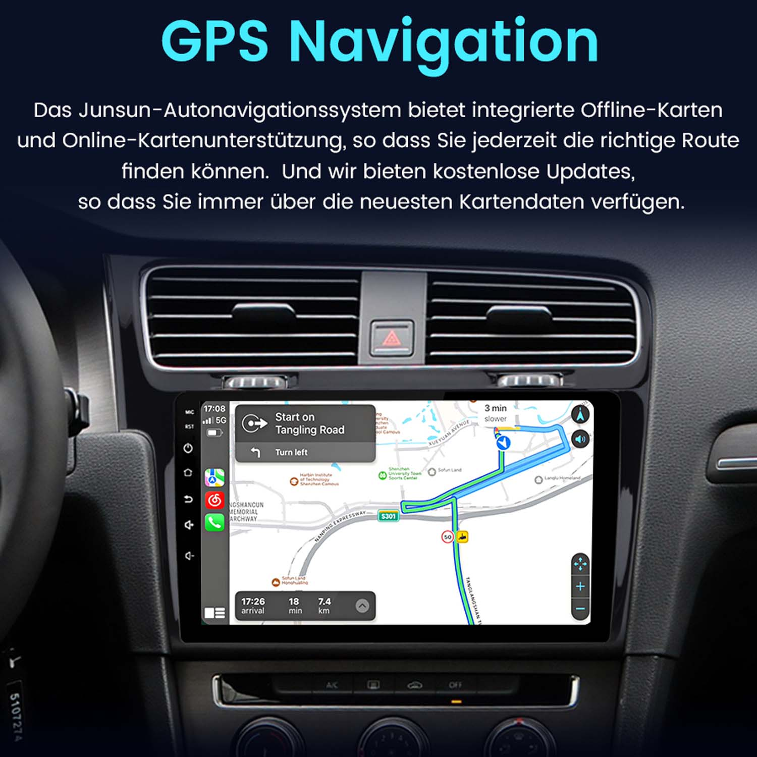 Deska rozdzielcza samochodu pokazująca interfejs nawigacji GPS z mapą i kontrolkami. Niebieski i czarny.