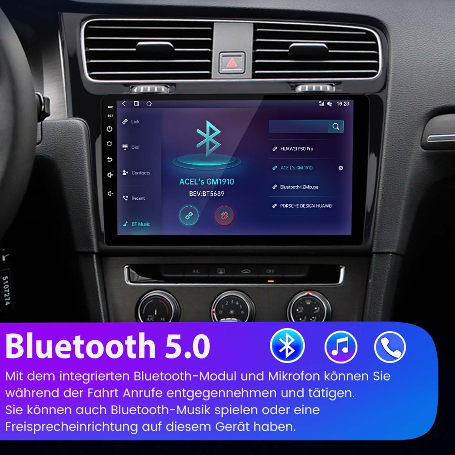 Interfejs systemu stereo samochodowego. Ekran dotykowy wyświetla opcje. Bluetooth 5.0.