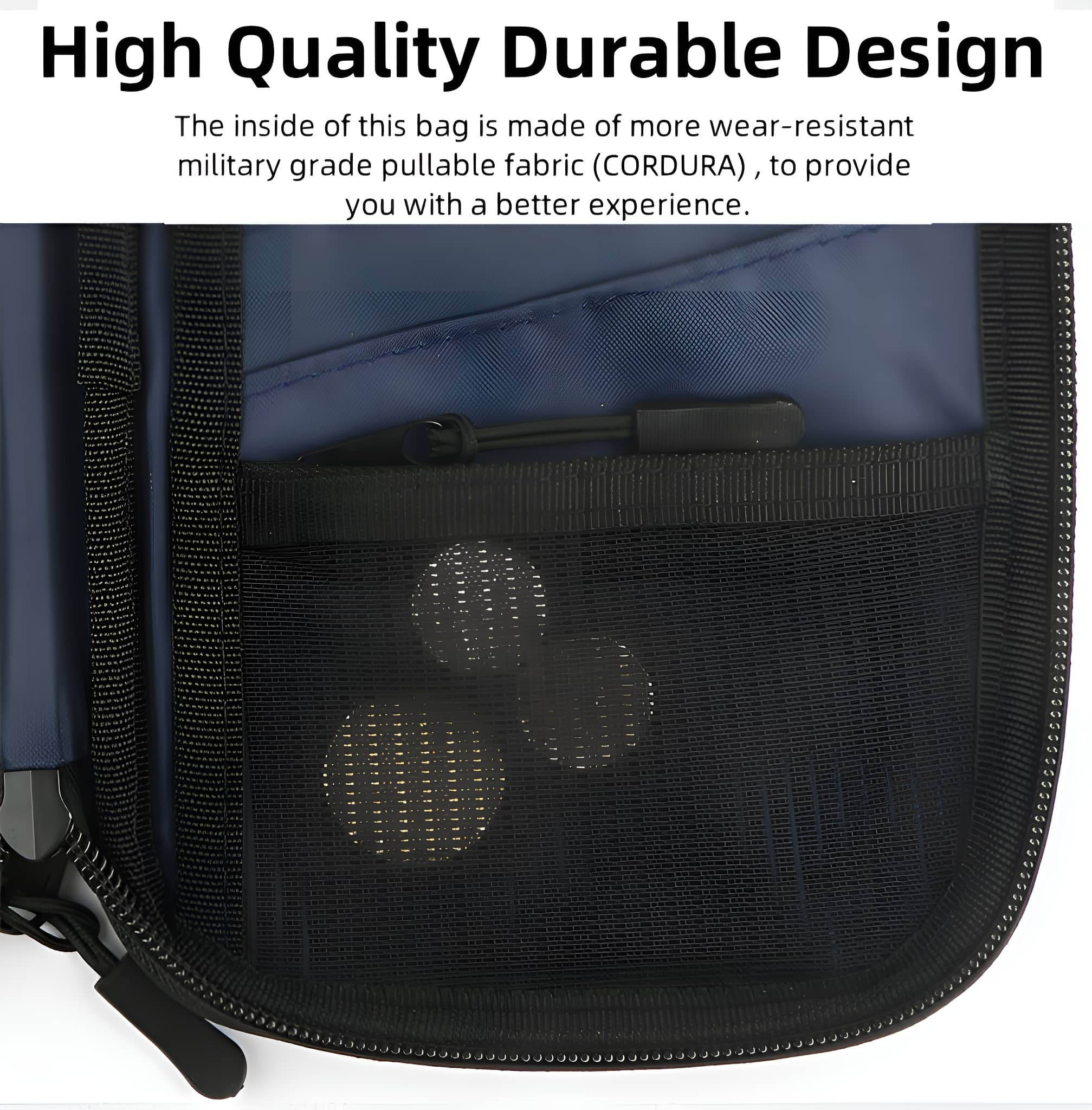 Nahaufnahme der Innentasche einer schwarzen Tasche mit Mesh und Details.