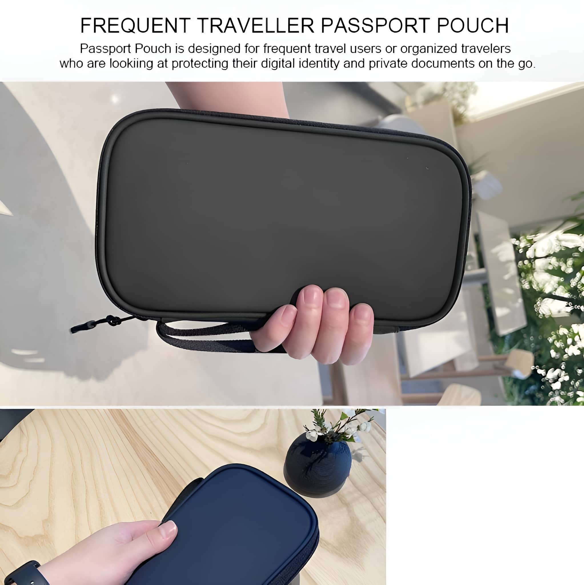 Schwarze Reise-Pouch mit Griff und weißem Hintergrund, Textüberlagerung.