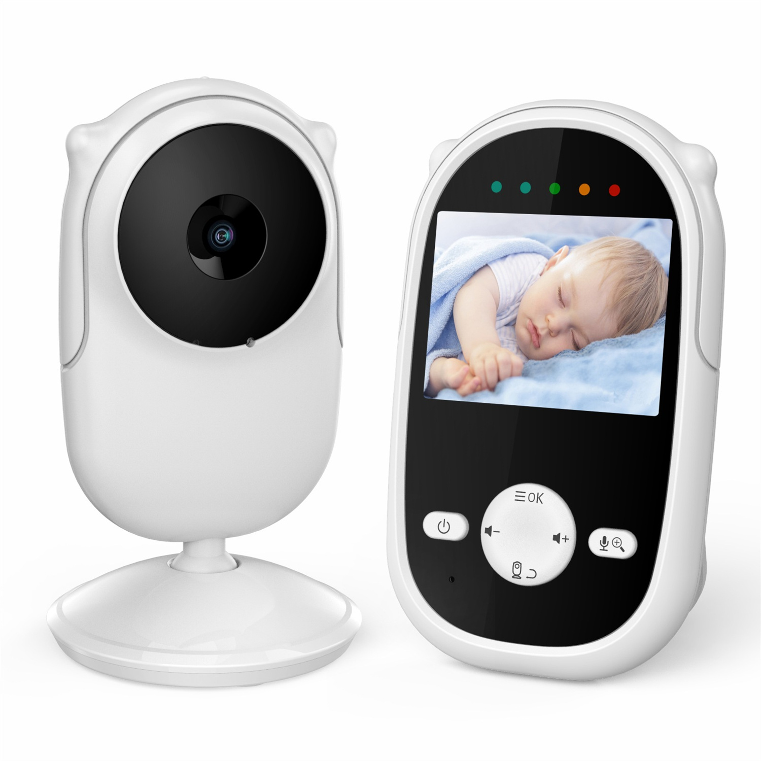 Babyphone-Set auf Weiß. Eine Kamera, ein Bildschirm mit schlafendem Baby. Knöpfe unten.
