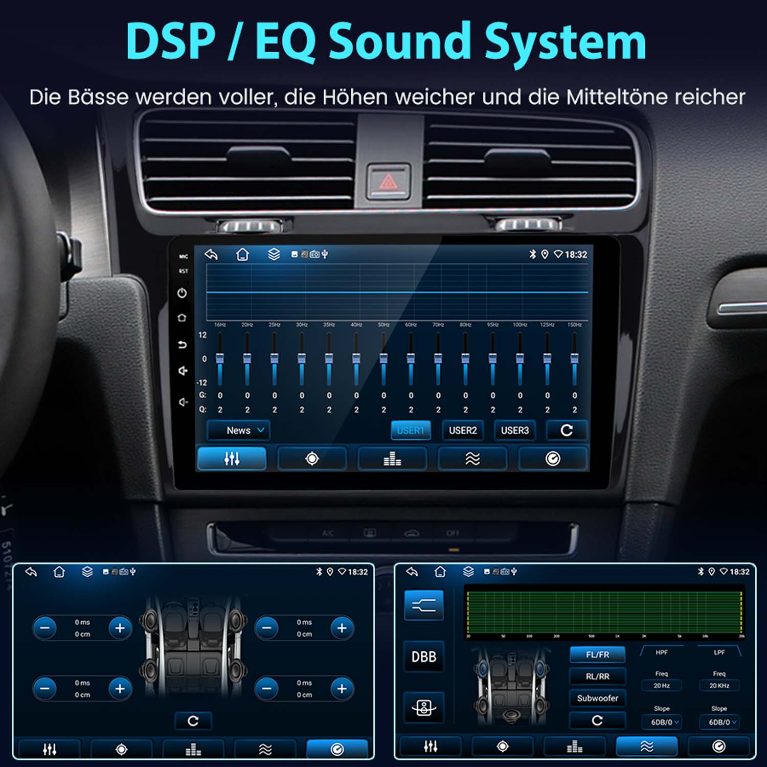 Deska rozdzielcza samochodu z ekranem wyświetlającym interfejs systemu audio z EQ i ustawieniami dźwięku.