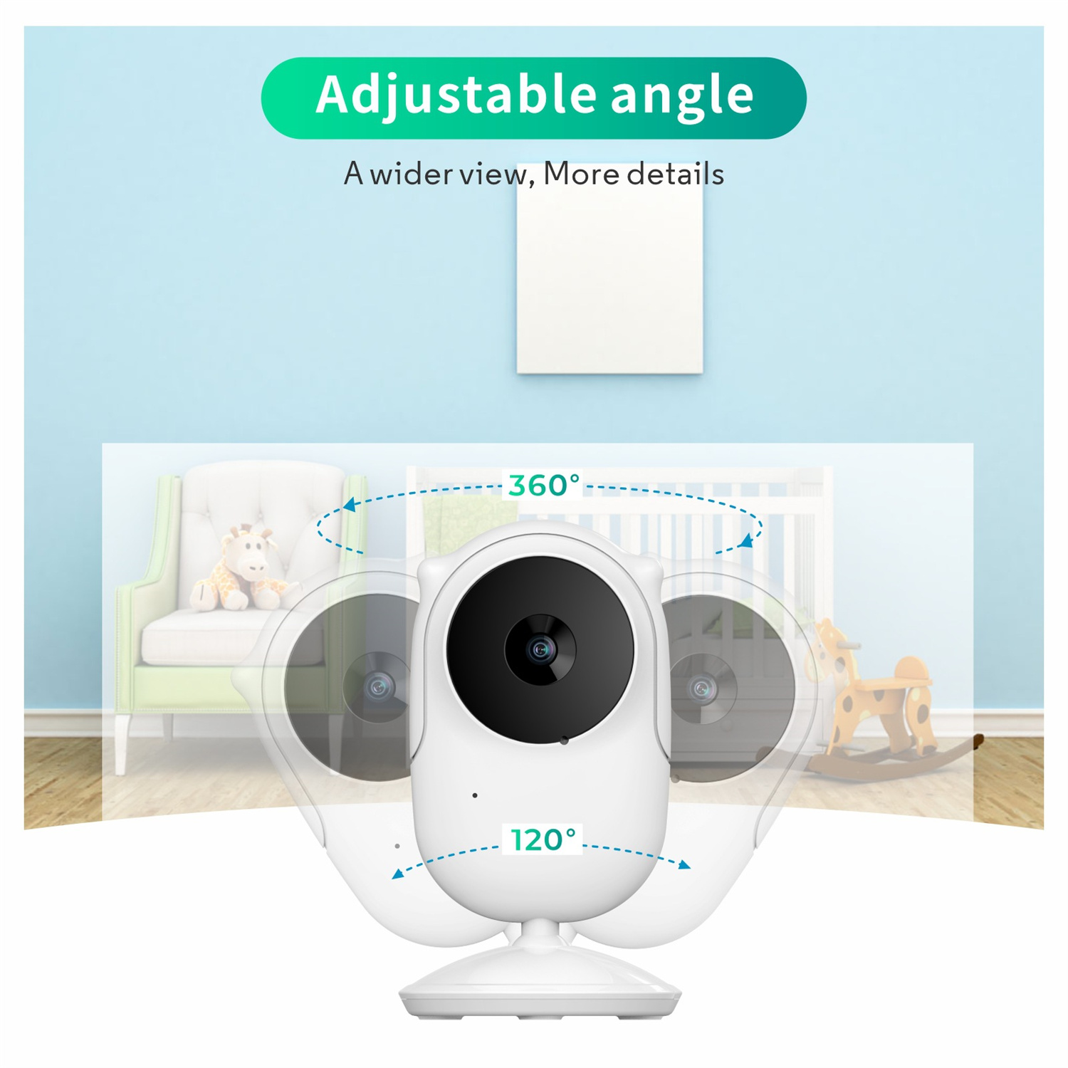 Weißer Baby-Monitor mit Kamera. Pfeile zeigen 360- und 120-Grad-Drehwinkel. Text: Einstellbarer Winkel.