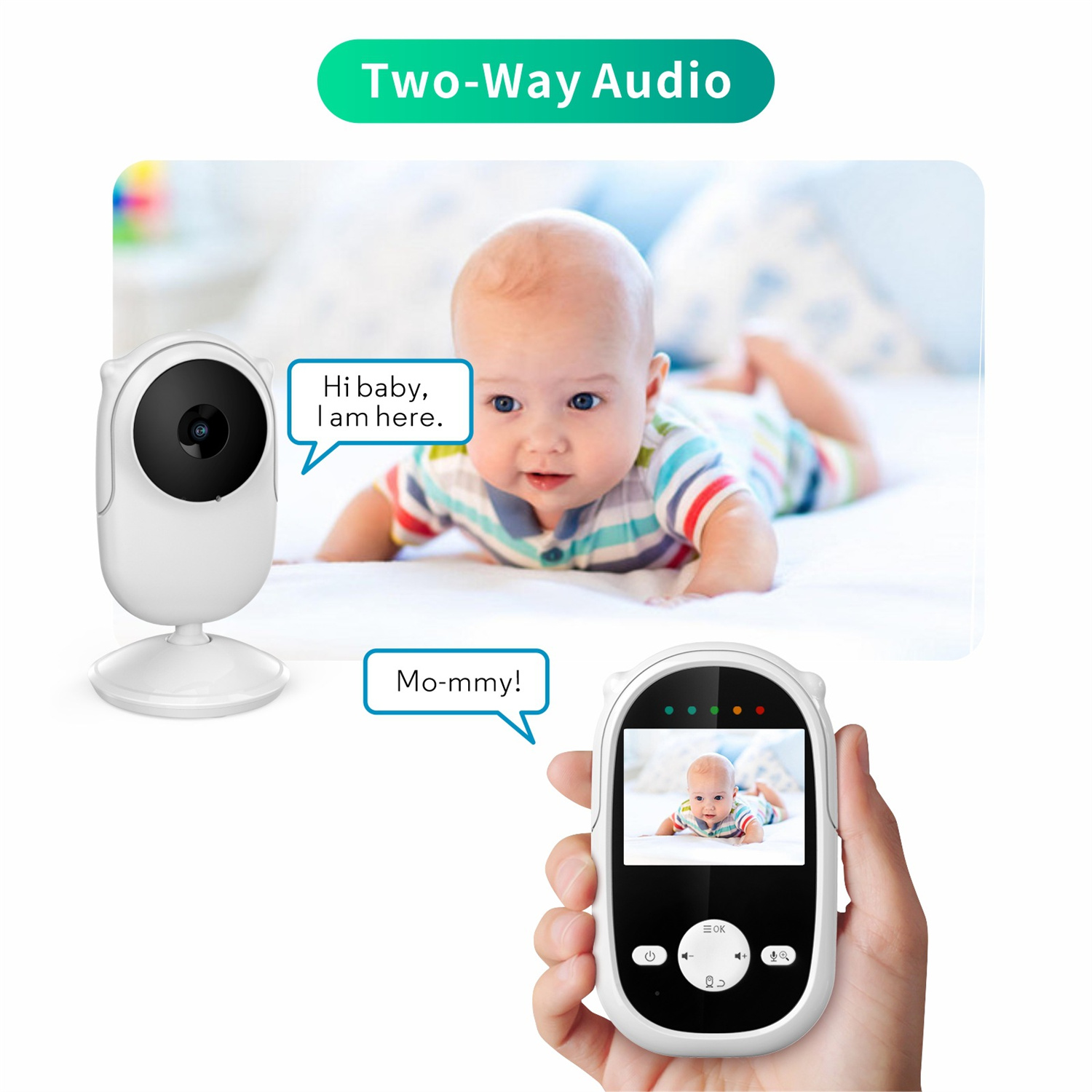 Ein Babyphone-Setup, das ein Baby in einem Kinderbett und den Monitor mit dem Baby zeigt.