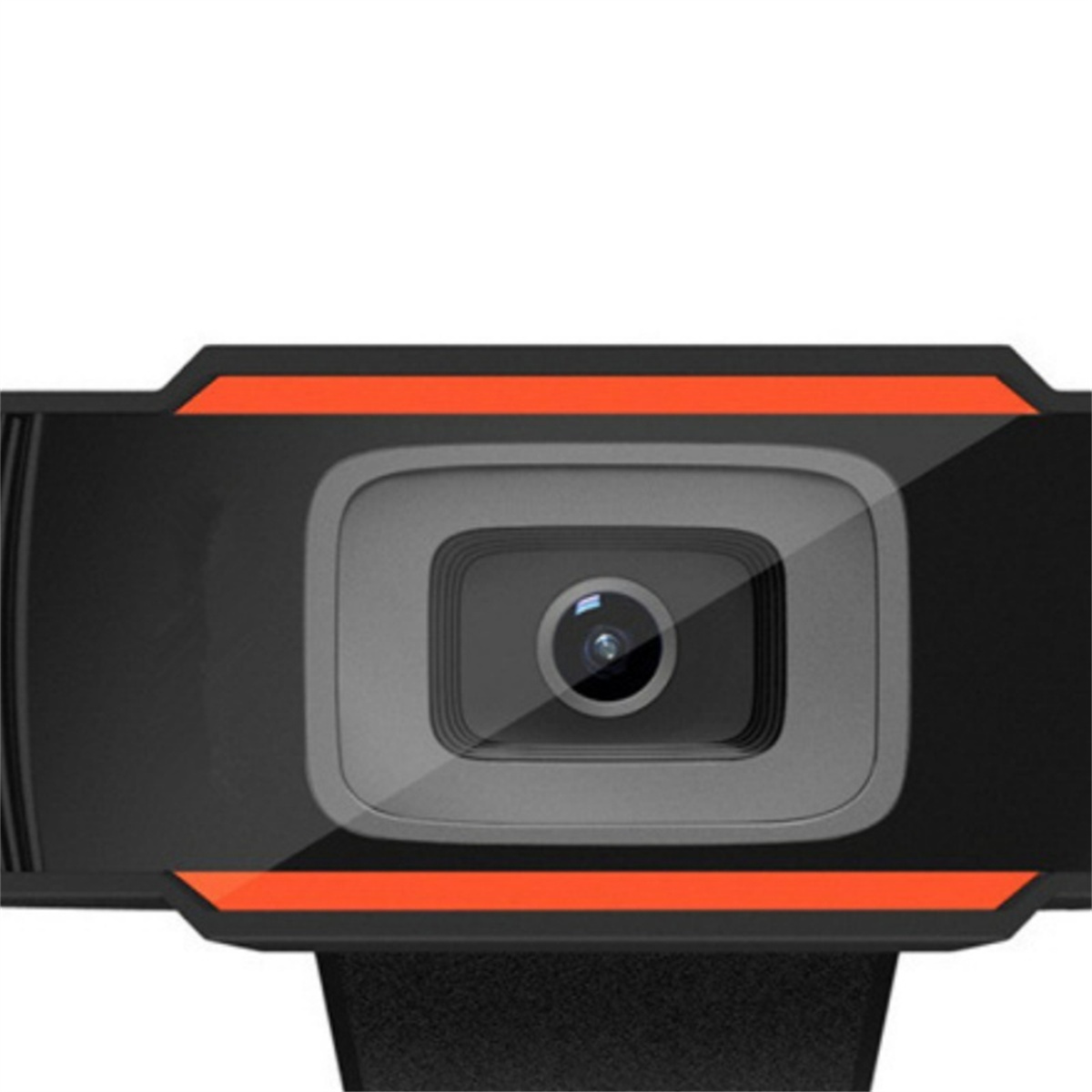 Schwarze Webcam mit orangefarbenen Akzenten, zentraler Linse und schwarzer Basis. Weißer Hintergrund.