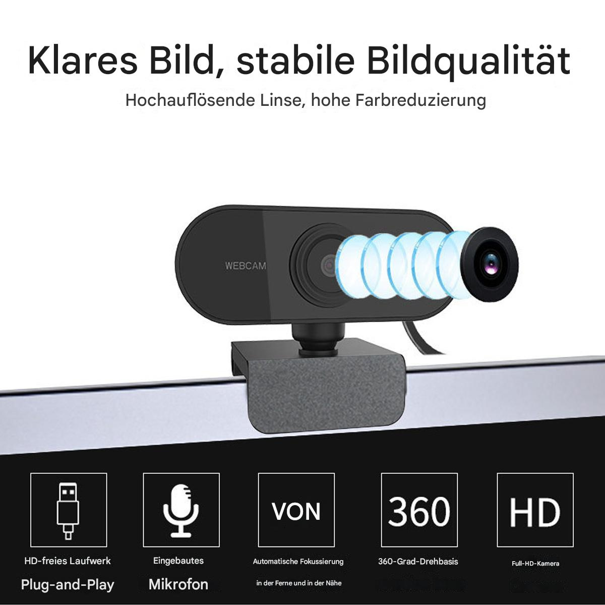 Webcam mit Linse und Ständer. Der Hintergrund zeigt eine Plug-and-Play-Funktion.