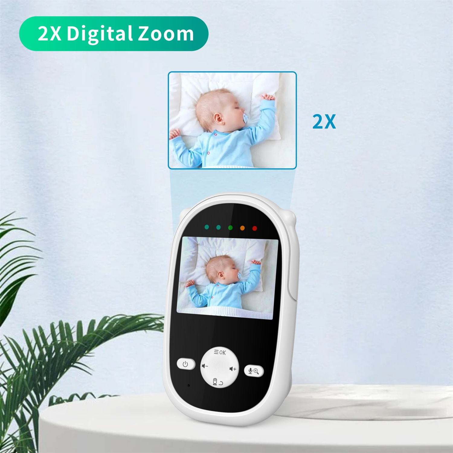 Babyphone mit vergrößertem Bild eines schlafenden Babys im Kinderbett.