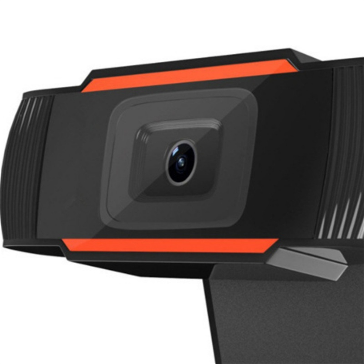 Webcam, schwarz mit orangefarbenen Akzenten, Linse mittig auf der Vorderseite, auf schwarzem Ständer.
