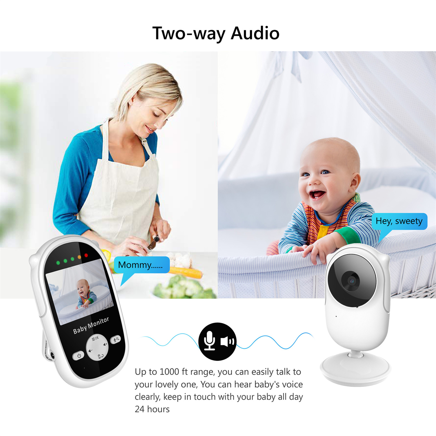 Babyphone-Setup: Frau kocht, Baby im Bettchen, Monitor zeigt Baby. Text: Zwei-Wege-Audio, bis zu 1000 Fuß Reichweite.