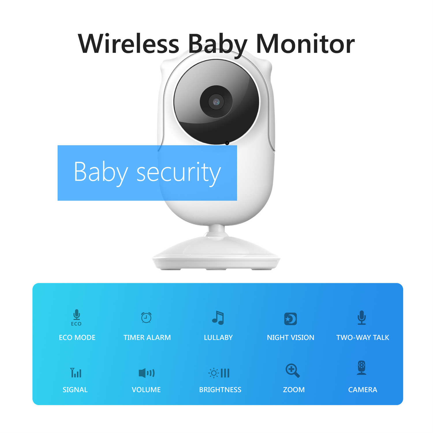 Weißer Babyphone mit Kamera und Funktionssymbolen: ECO-Modus, Timer, Schlaflied, Nachtsicht usw.