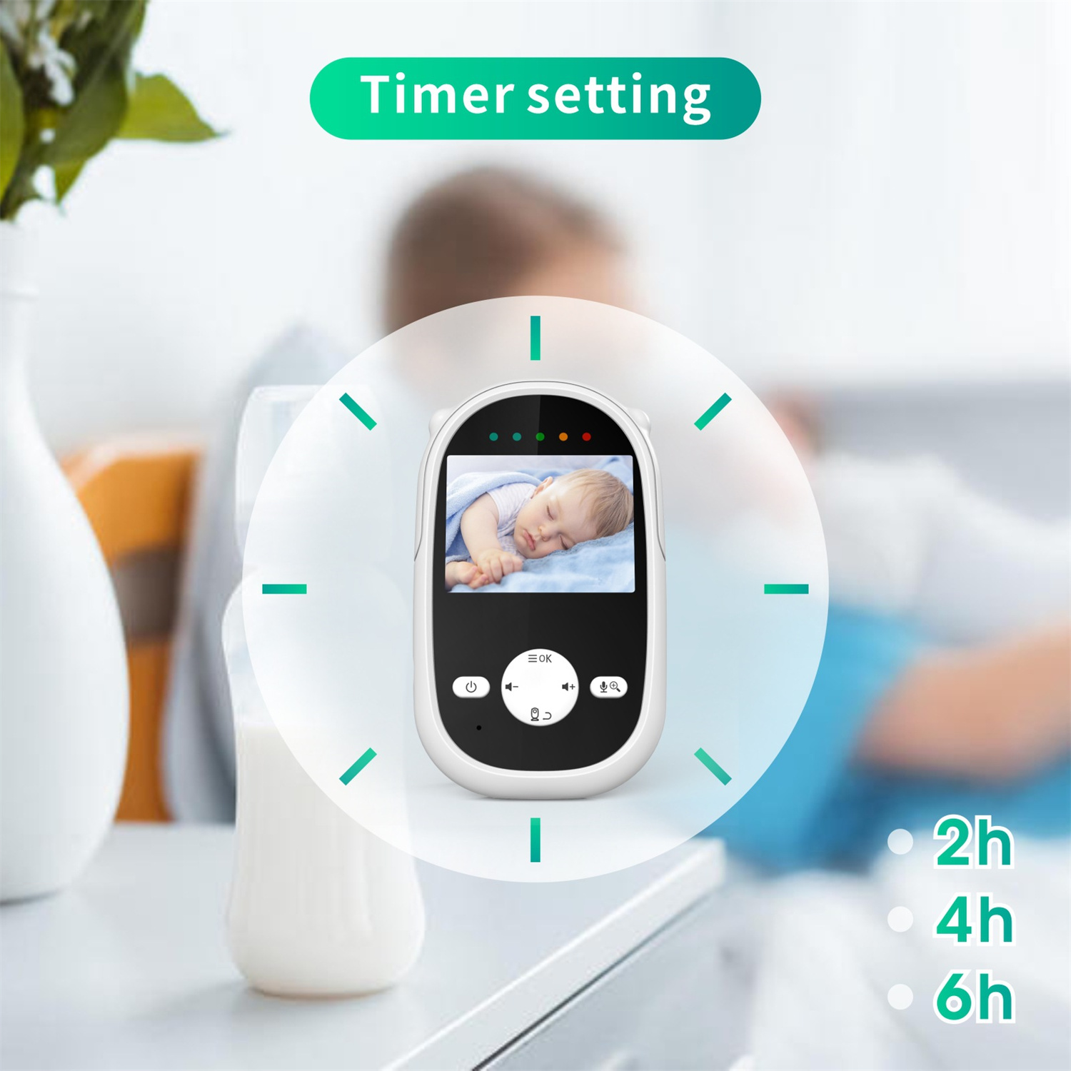 Babyphone mit schlafendem Baby auf dem Bildschirm. Timer-Einstellung sichtbar, 2h, 4h, 6h Optionen.