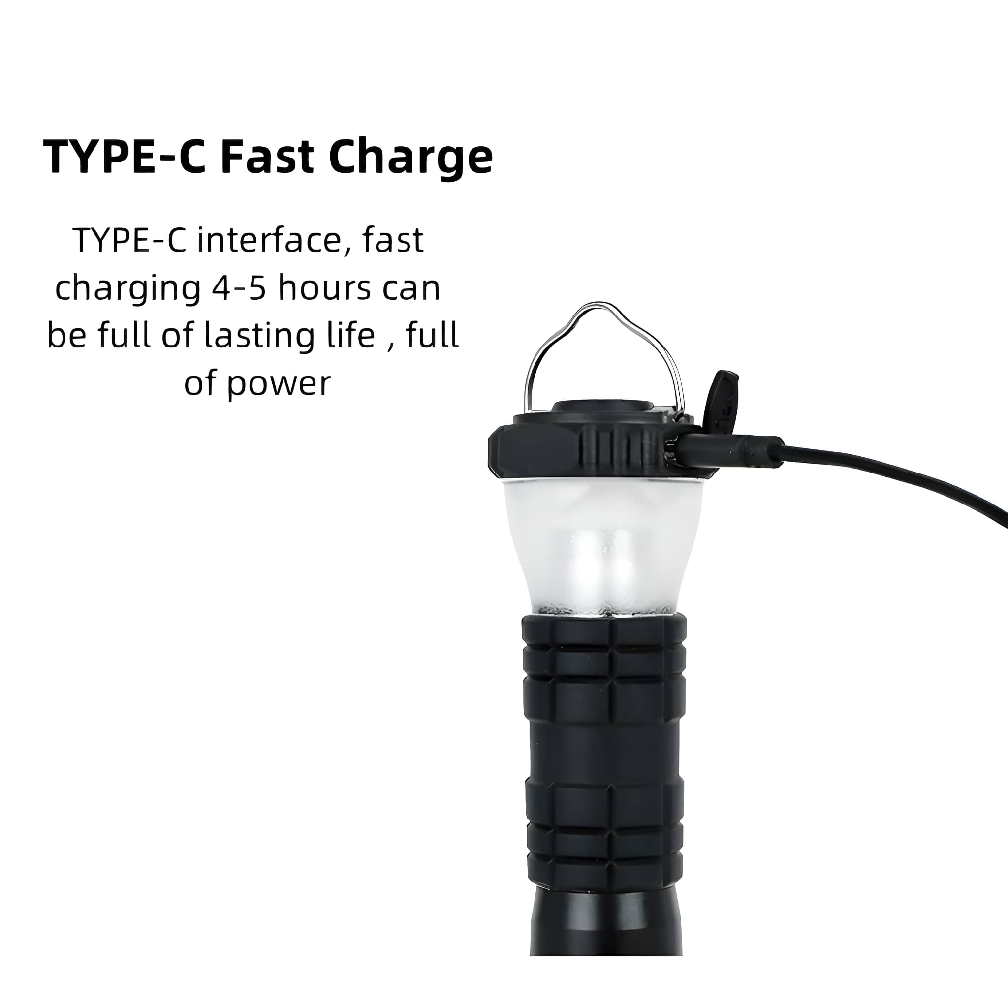 Schwarz-weiße Taschenlampe mit Griff. Ein Ladekabel ist angeschlossen. Text erwähnt TYPE-C Schnellladung.