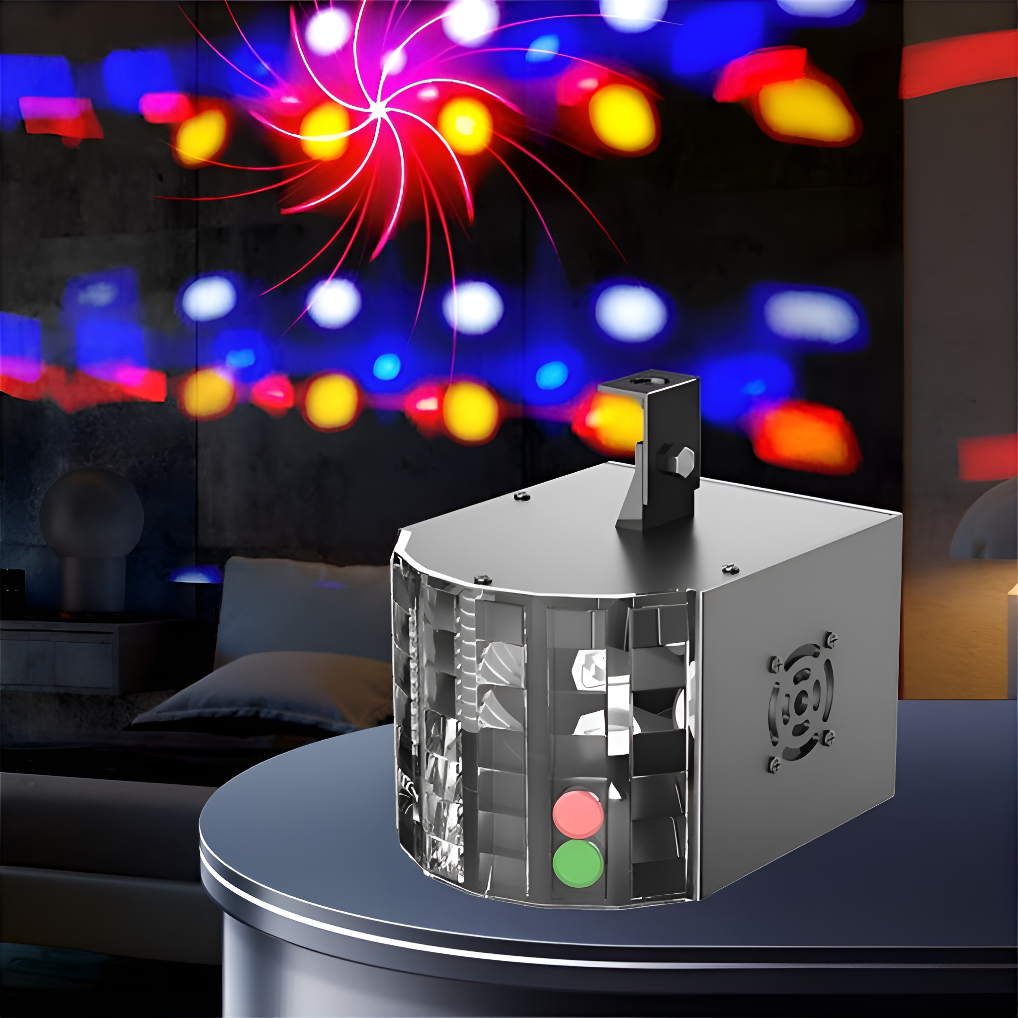 Discolicht auf einem Tisch, mit roten und blauen Lichtprojektionen. Dunkler Raum. Schwarzer Tisch. Dunkler Hintergrund.