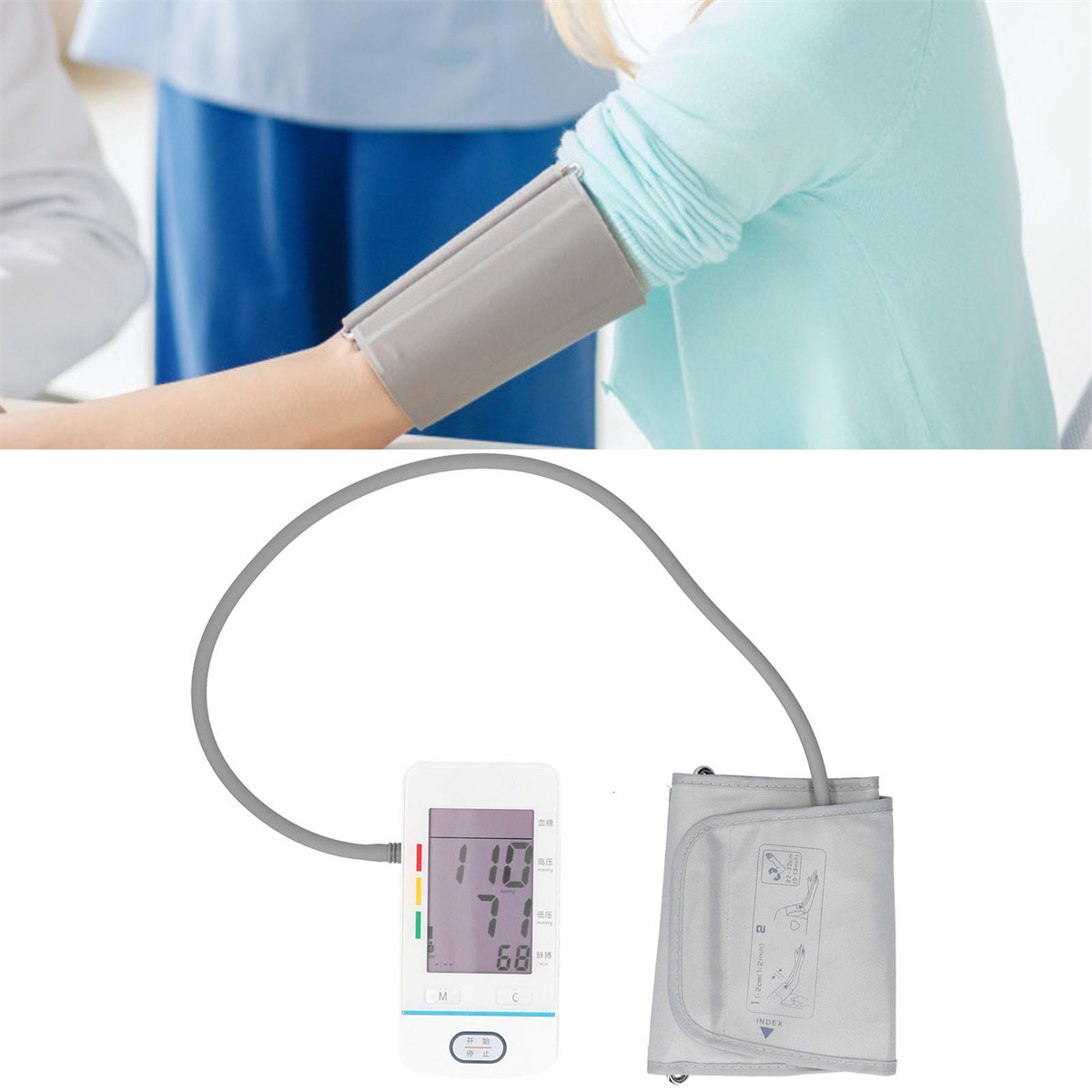 Arm einer Person mit Blutdruckmanschette und ein digitales Blutdruckmessgerät mit Anzeigen.