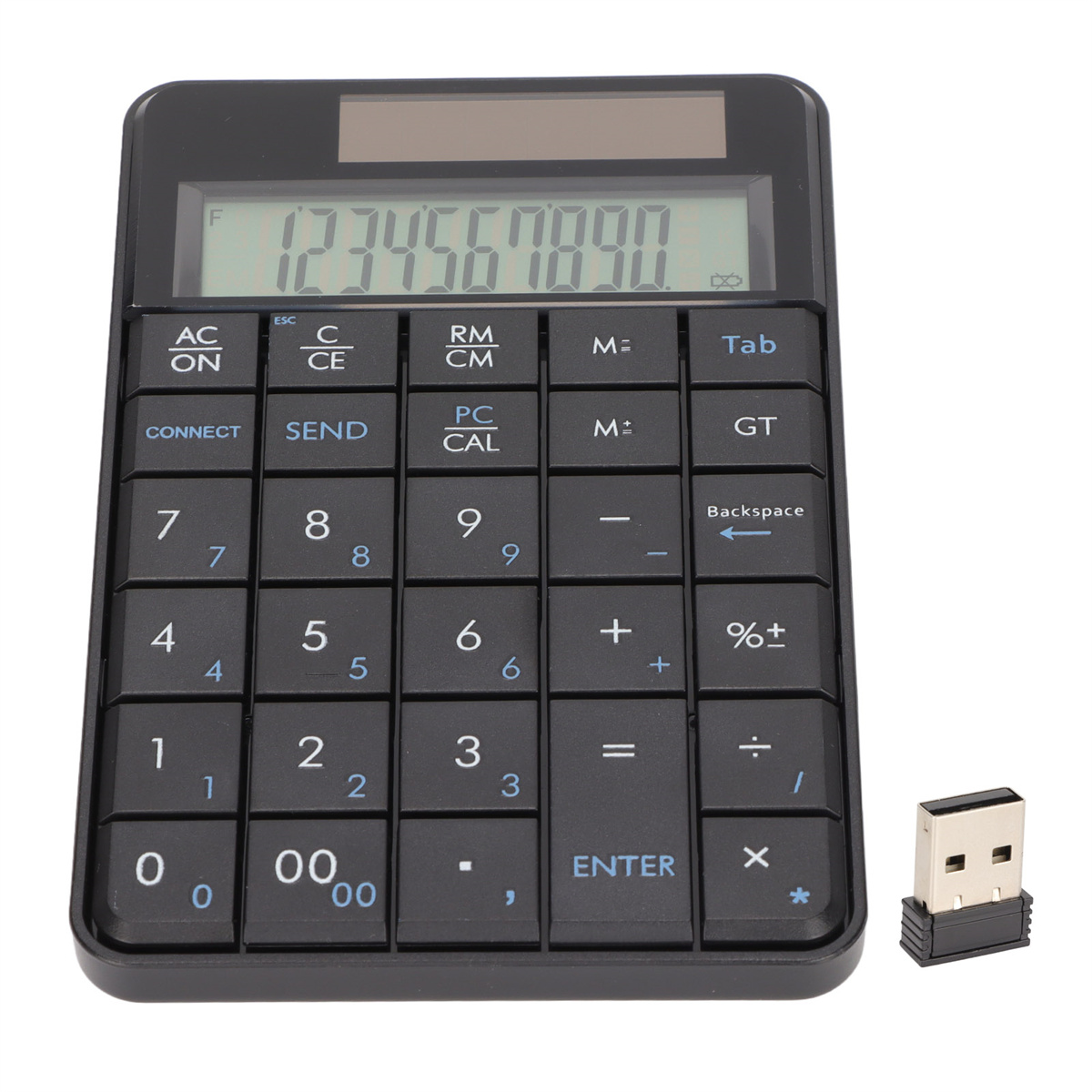 Schwarzer Taschenrechner mit Zahlen und Tasten, sowie ein USB-Dongle. Weißer Hintergrund.