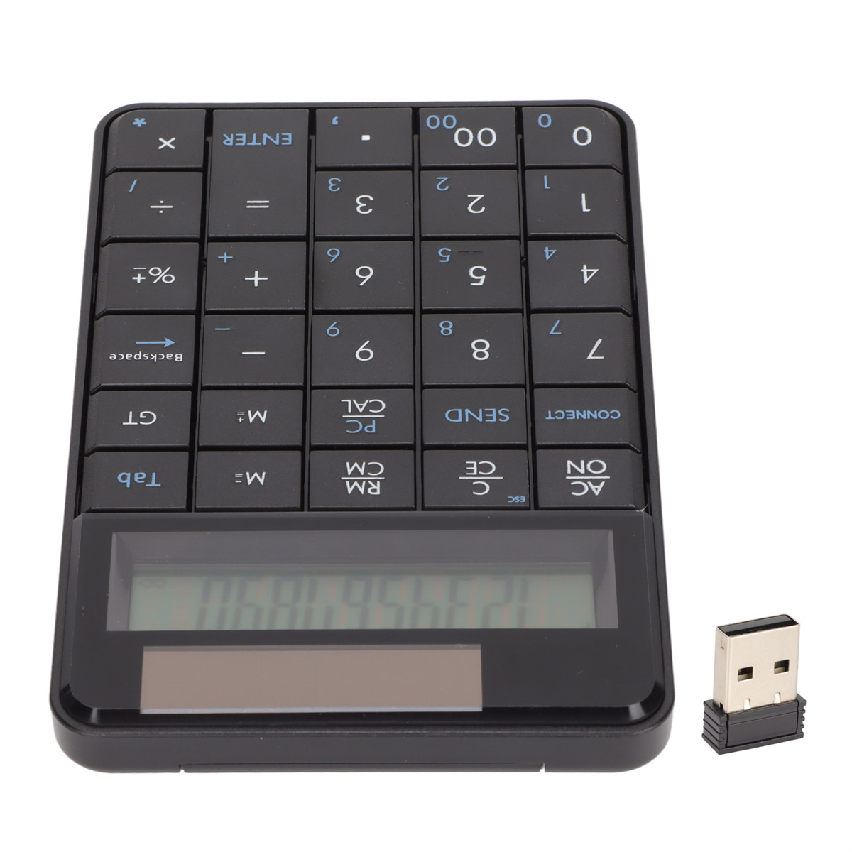 Schwarzer Ziffernblock mit Display und USB-Empfänger. Tasten umfassen Zahlen, Symbole und Funktionen.