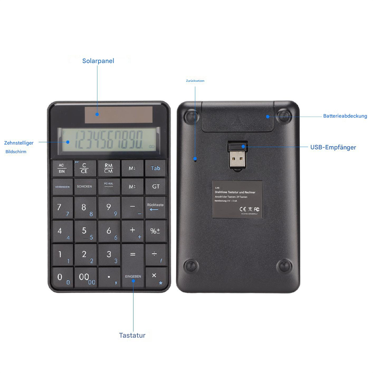 Ein schwarzer Taschenrechner mit Solarpanel, Display und beschrifteten Tasten. Die Rückseite ist ebenfalls gezeigt.