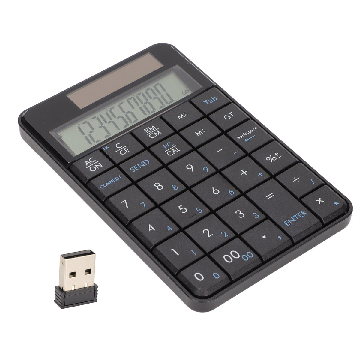 Schwarzer Taschenrechner mit USB-Dongle, der Zahlen auf dem Bildschirm anzeigt.