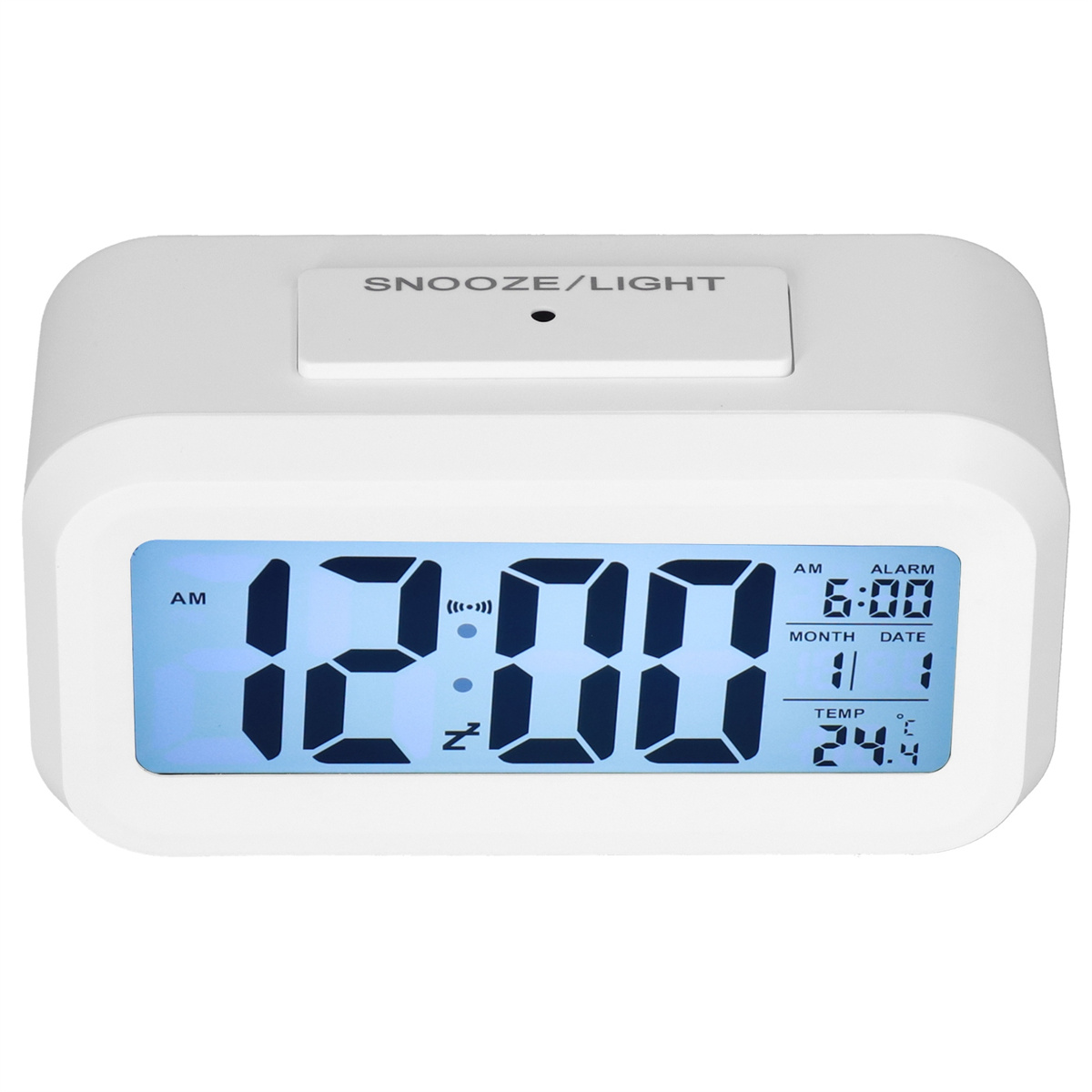 Ein weißer digitaler Wecker mit der Anzeige 12:00 Uhr und 6:00 Uhr Alarm. Es ist auf Weiß isoliert.