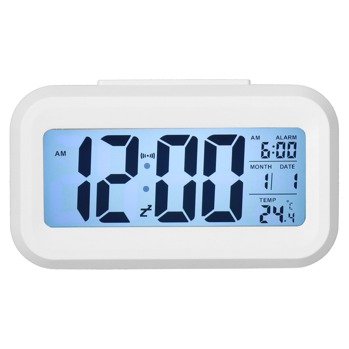 Ein weißer digitaler Wecker mit 12:00 Uhr und 6:00 Uhr Weckzeit, mit Datum und Temperatur.
