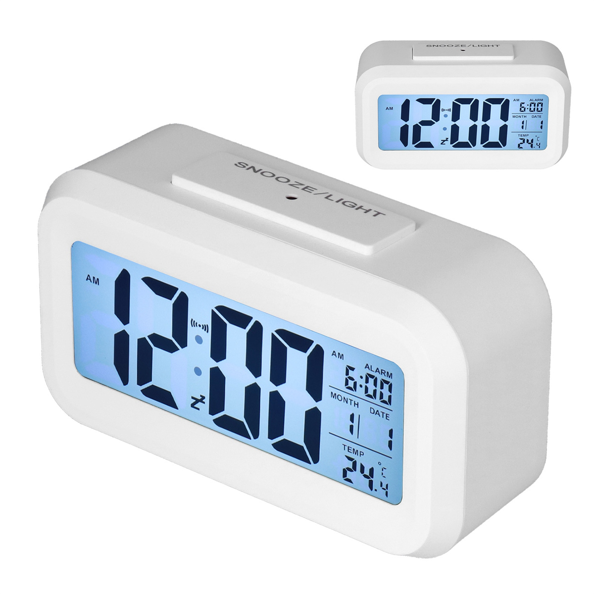 Wecker mit blauem Digitaldisplay, zeigt Zeit, Datum und Temperatur an.