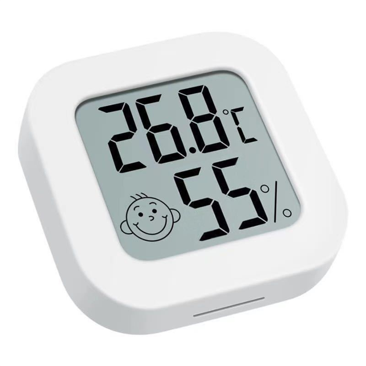 Ein weißes digitales Thermometer zeigt 26,8°C und 55%. Es hat ein lächelndes Gesichtssymbol.
