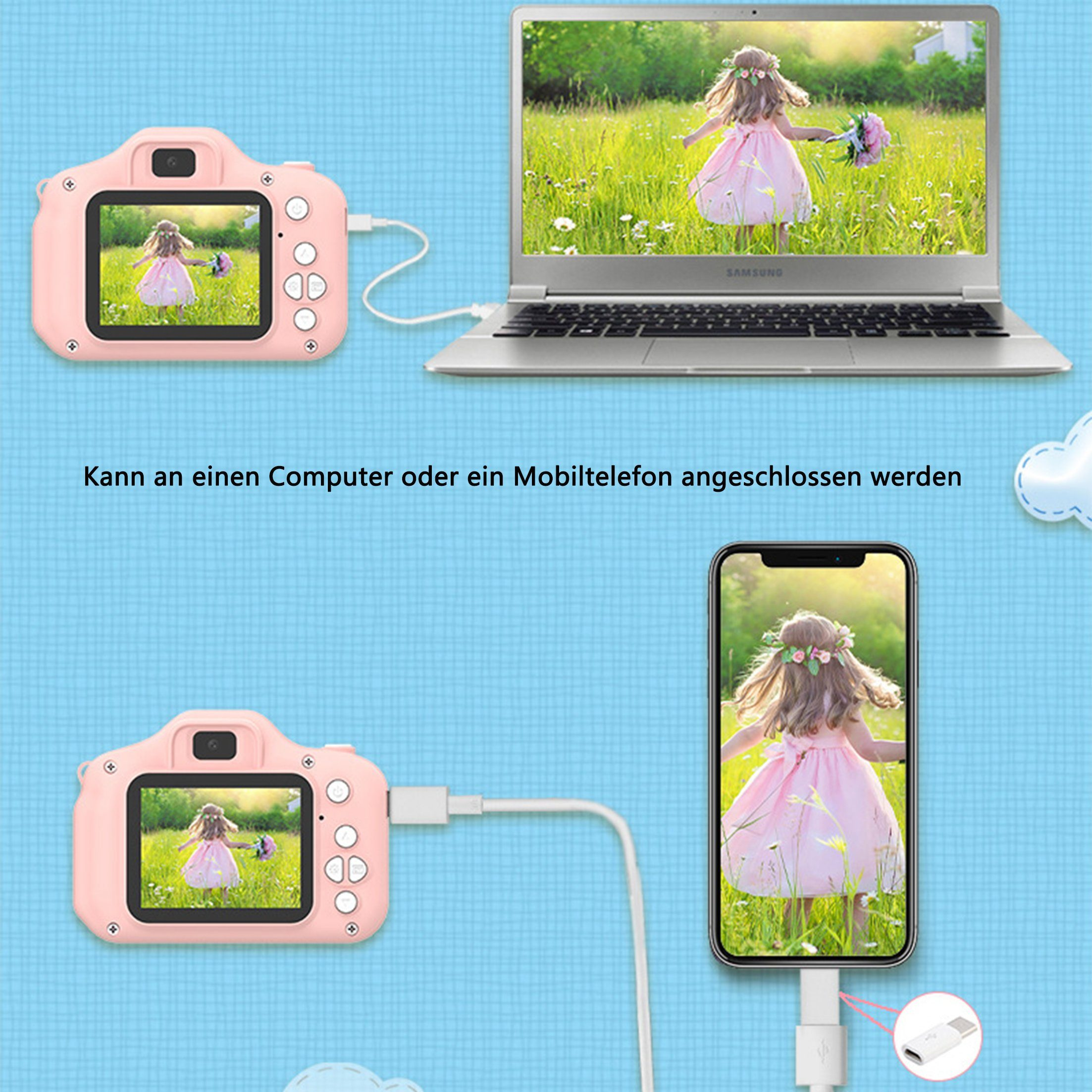 Eine rosa Spielzeugkamera, die mit einem Laptop und einem Telefon verbunden ist und dasselbe Bild auf dem Bildschirm zeigt.