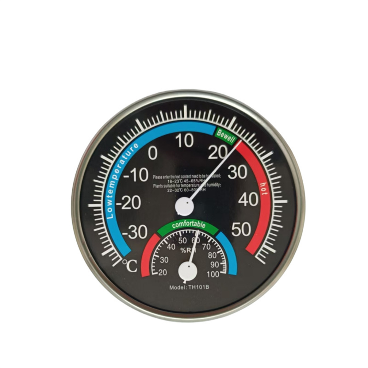 Rundes Thermometer, das die Temperatur in Celsius und Fahrenheit anzeigt.
