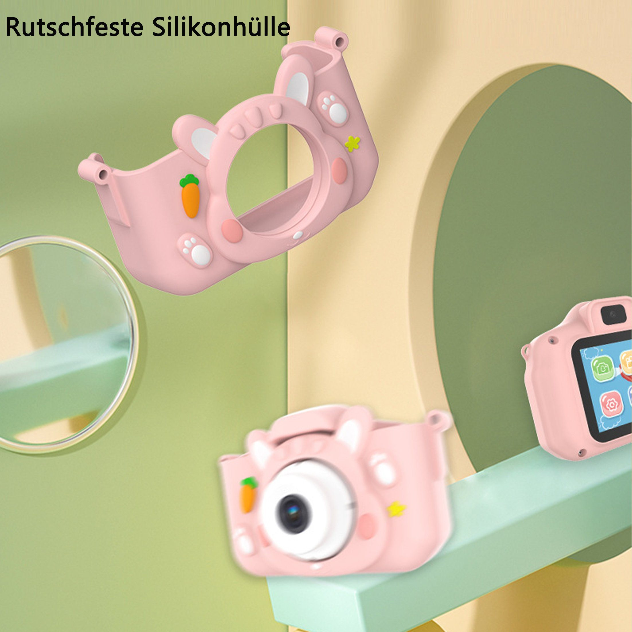 Rosa Kamerahüllen in Form eines Hasen. Ein Gehäuse ist offen, ein anderes hat eine Kamera.